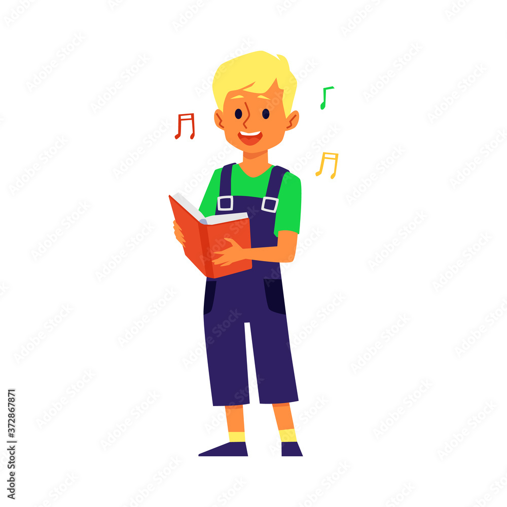 Cute little blonde boy singing by notes, flat vector illustration isolated.
