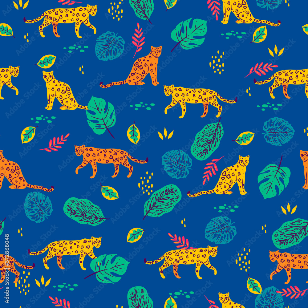 Obraz premium Seamless pattern with tropical leaves and leopards.Vector graphics.