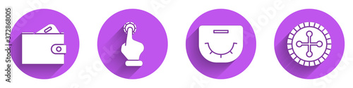 Set Wallet with money, Hand holding casino chips, Poker table and Casino roulette wheel icon with long shadow. Vector.