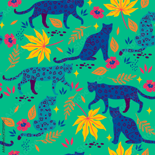 Seamless pattern with tropical leaves and leopards.Vector graphics. © Екатерина Зирина