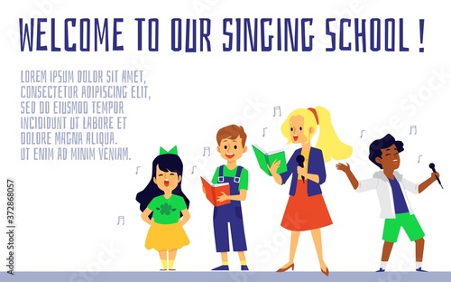 Singing school banner with singing children flat vector illustration isolated.
