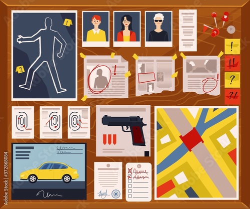 Detective crime board with murder weapon and evidence