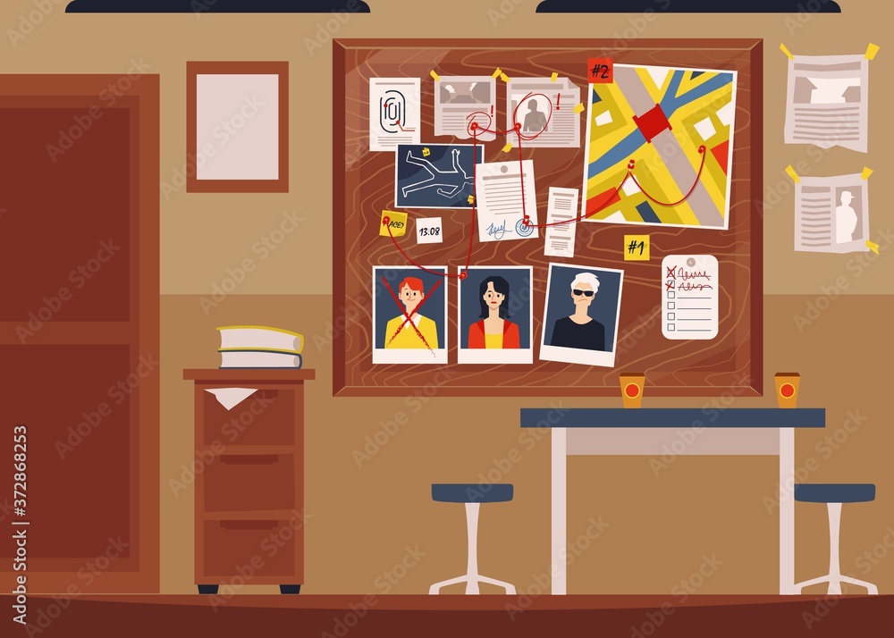 Detective office interior with full crime board - empty police department room Detective office interior with full crime board - empty police department room