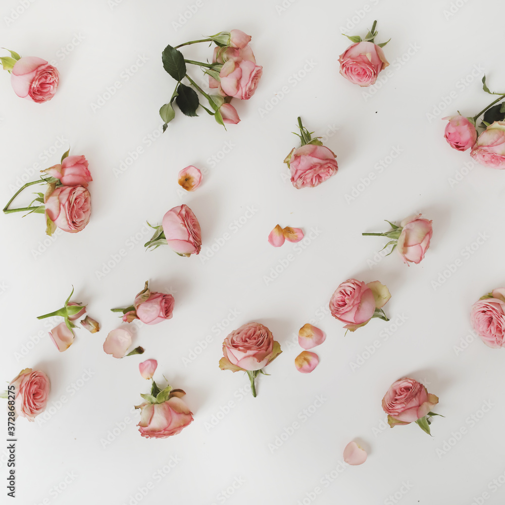 Floral composition with roses. flowers pattern on white background. Flat lay, top view. festive holiday hero header Floral composition with roses. flowers pattern on white background. Flat lay, top view. festive holiday hero header