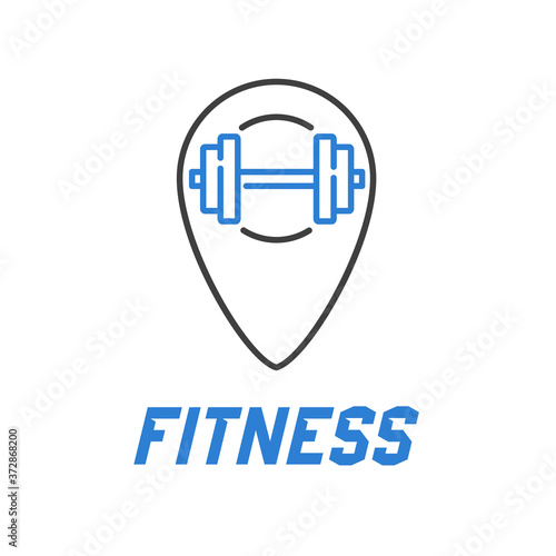 Concepto gimnasio. Logotipo Fitness con barra con pesas en puntero lineal en gris y azul