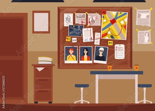 Detective office interior with full crime board - empty police department room