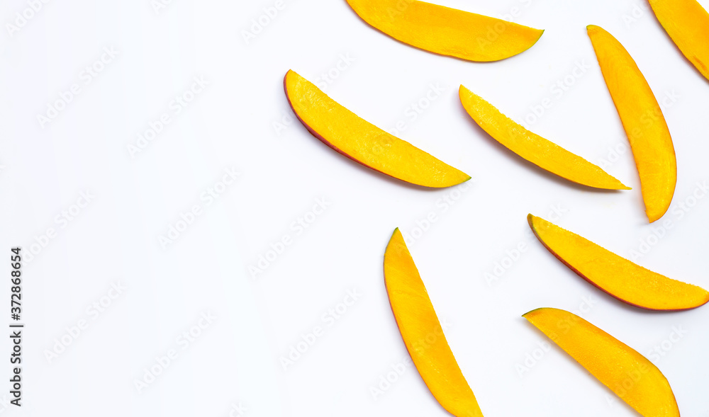 Tropical fruit, Mango slices on white background. Tropical fruit, Mango slices on white background.