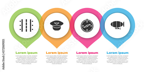 Set Airport runway, Pilot hat, Compass and Airship. Business infographic template. Vector.