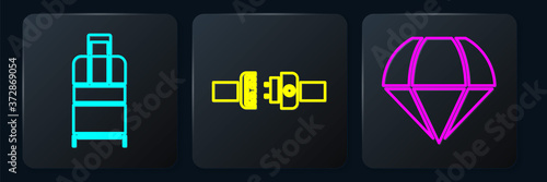 Set Isometric Suitcase, Parachute and Safety belt icon. Vector.