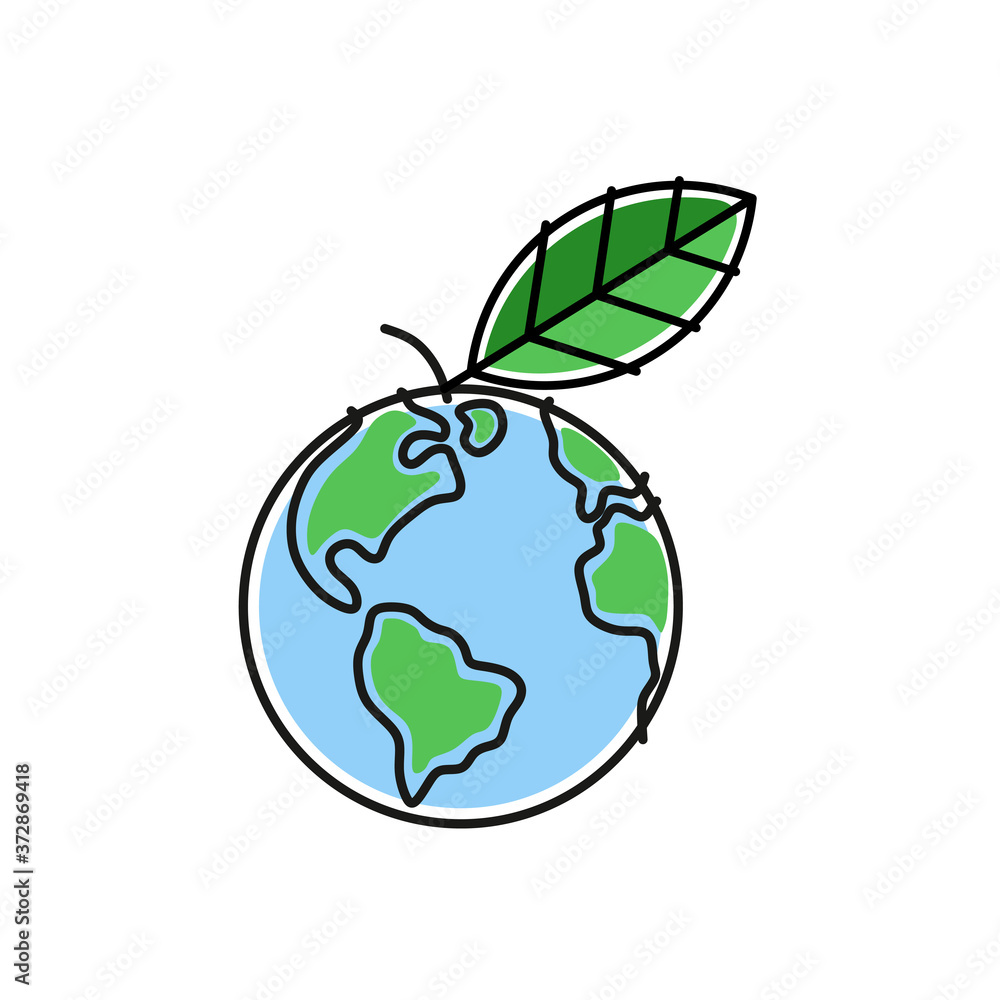 Clean planet with a plant leaf as a symbol of good ecology, isolated color vector illustration