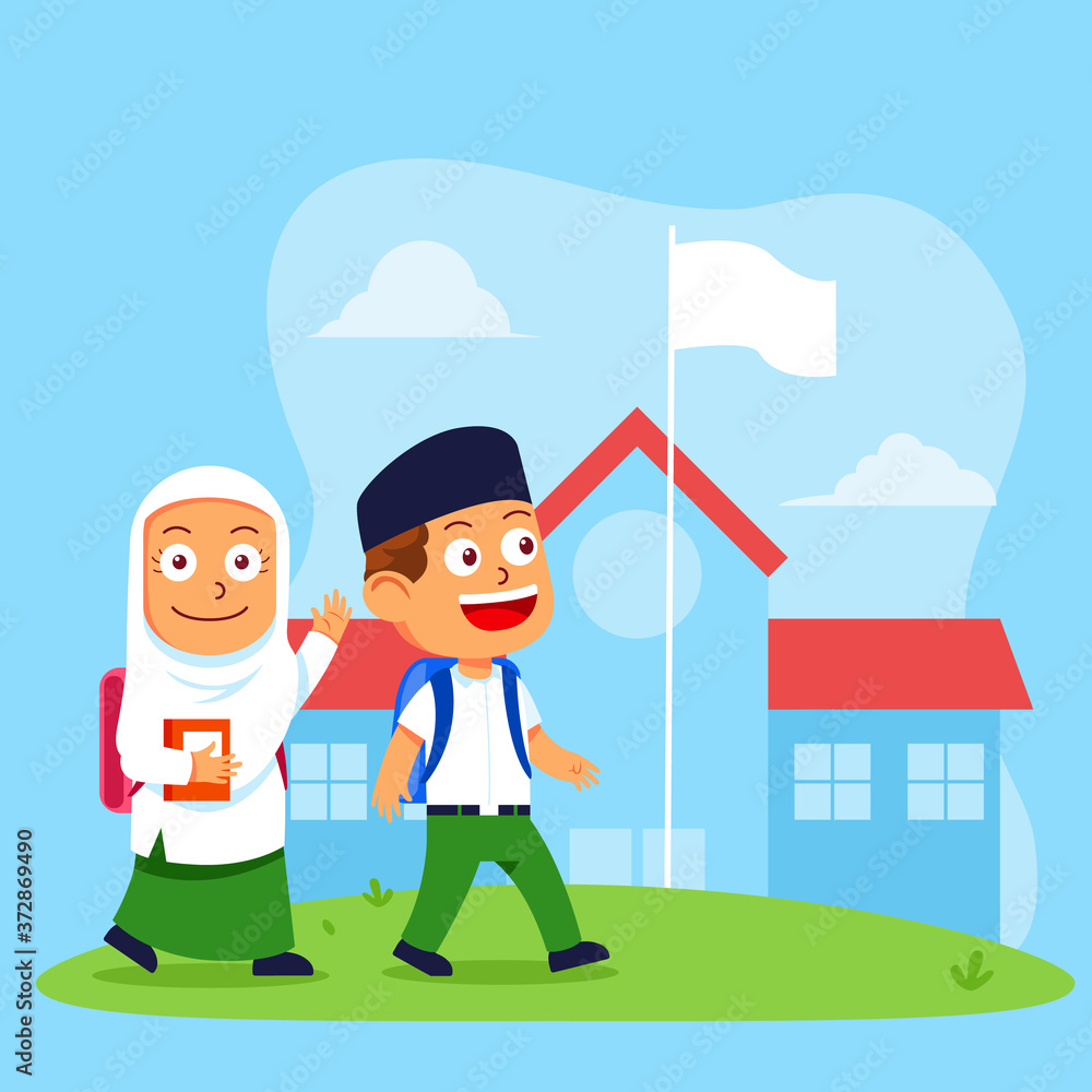 Cute Kids Islamic School Student Walk To School Cute Kids Islamic School Student Walk To School