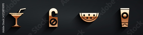 Set Martini glass, Please do not disturb, Watermelon and Sunscreen cream in tube icon with long shadow. Vector.