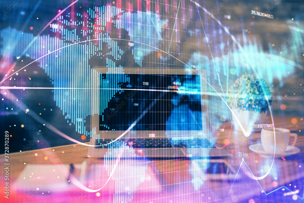 Multi exposure of business theme icons and table with computer background. Concept of success. Multi exposure of business theme icons and table with computer background. Concept of success.
