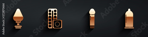 Set Anal plug, Birth control pills and condom, Dildo vibrator and Condom icon with long shadow. Vector.