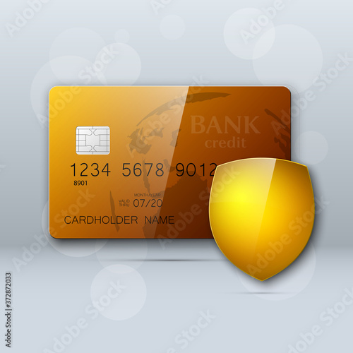 Protection shield Credit card. Safety badge banking icon. Defense safeguard finans icon. Security Plastic card software. Debit card guard electromagnetic chip. Privacy Electronic money funds transfer.
