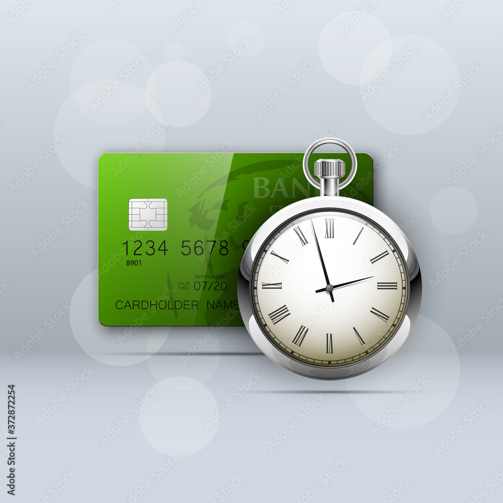 Credit card & silver pocket watch on chain banner. Banking old breguet