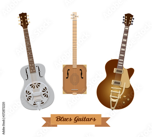 Guitar set. Realistic blues guitars on white background. Musical Instruments. Vector illustration.