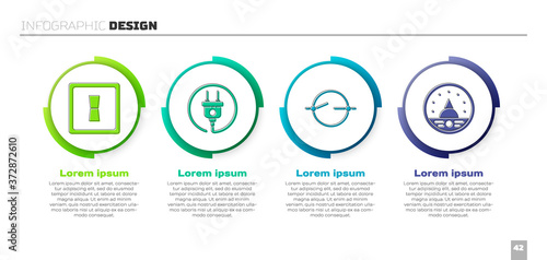 Set Electric light switch, Electric plug, Electric circuit scheme and Ampere meter, multimeter, voltmeter. Business infographic template. Vector.