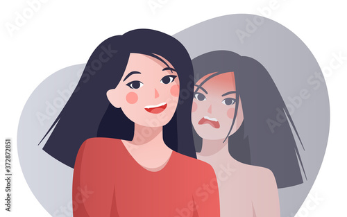 Flat vector illustration of a woman hiding her emotions. Female face is happy and angry. Split personality. Diagnosis of internal hatred. Bipolar disorder.