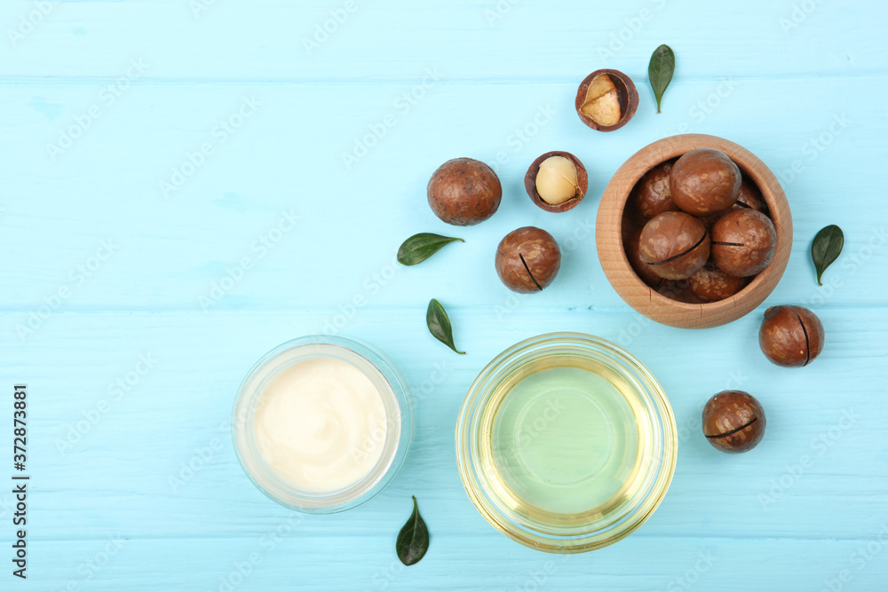 cosmetics with macadamia oil on the table
cosmetics with macadamia oil on the table