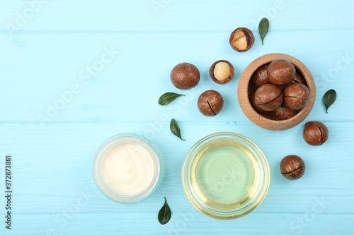 cosmetics with macadamia oil on the table 