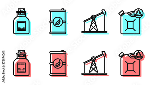 Set line Oil pump or pump jack, Oil petrol test tube, Bio fuel barrel and Eco fuel canister icon. Vector.