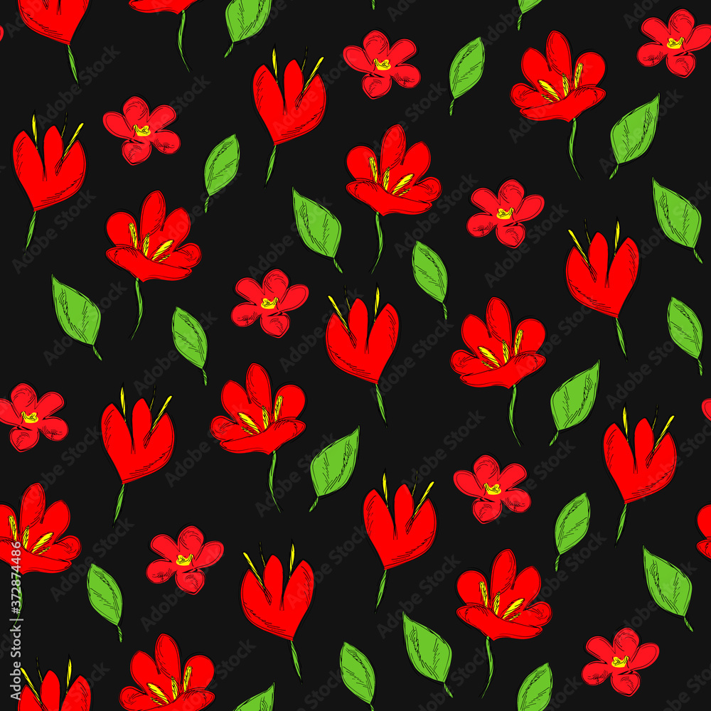 Floral background with poppies, tulips. Hand drawing, doodle style.Design for invitations, cards, packaging Floral background with poppies, tulips. Hand drawing, doodle style.Design for invitations, cards, packaging