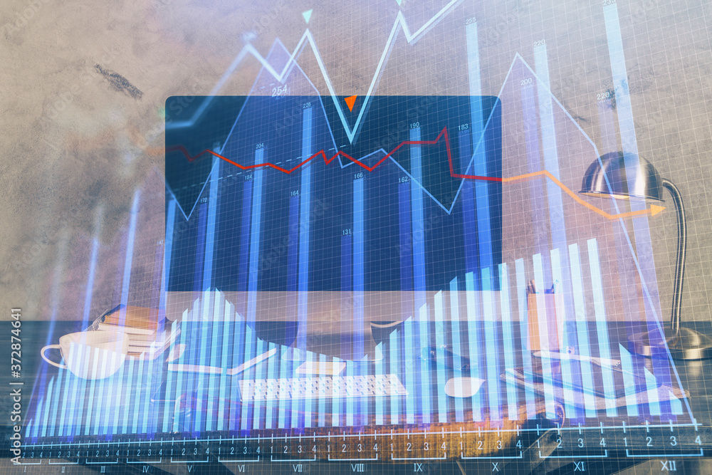 Multi exposure of graph and financial info and work space with computer background. Concept of international online trading. Multi exposure of graph and financial info and work space with computer background. Concept of international online trading.