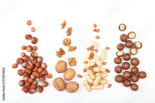 Set of different nuts on a light background. 