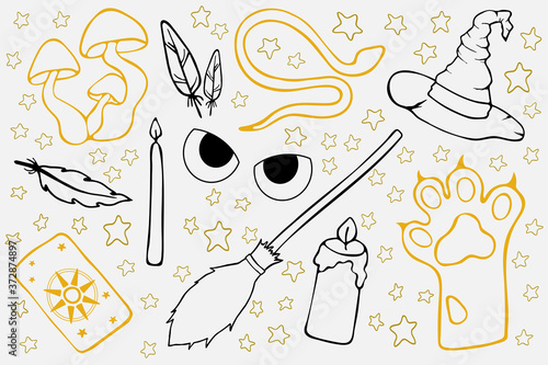 Black and gold outlined black magic vector elements. Witchcraft sticker pack with main witch equipment. EPS 10