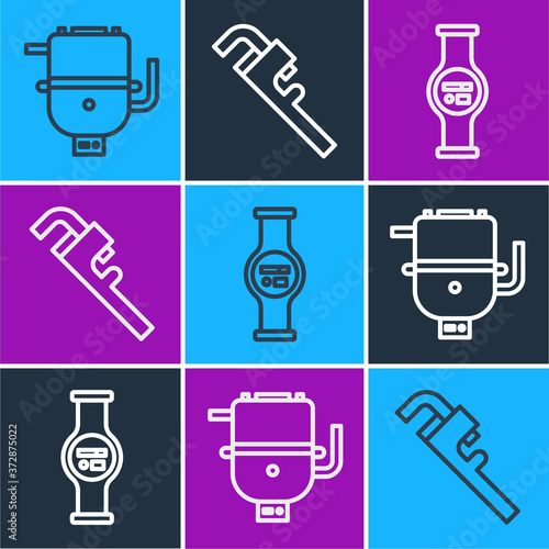 Set line Electric boiler for heating water, Water meter and Pipe adjustable wrench icon. Vector.