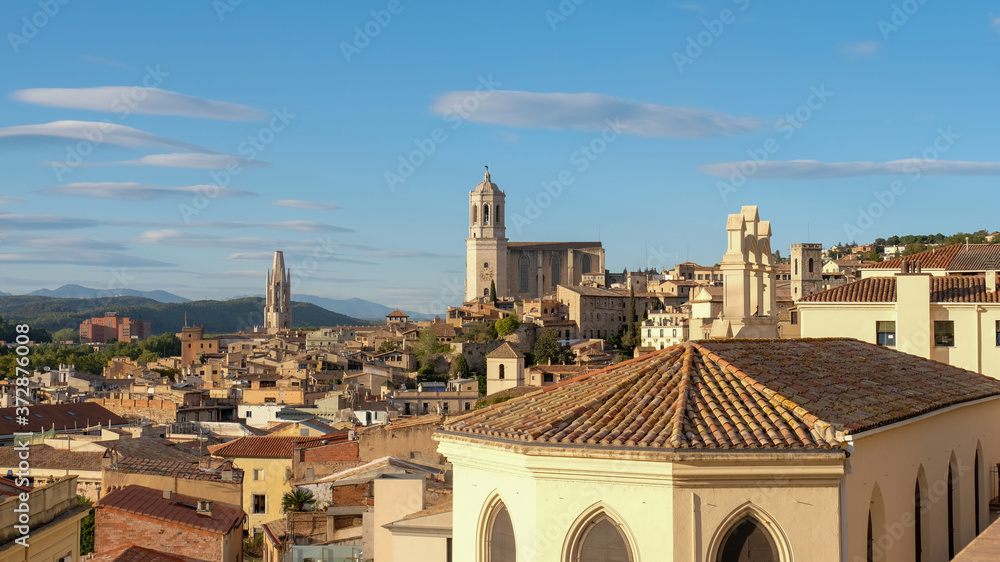 Landscape of city of Girona with cathedral in background
