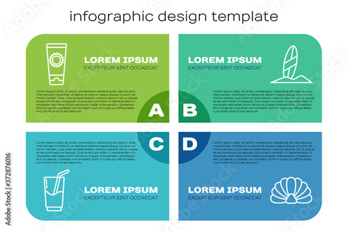 Set line Cocktail and alcohol drink, Sunscreen cream in tube, Scallop sea shell and Surfboard. Business infographic template. Vector.