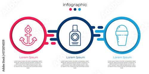 Set line Anchor, Sunscreen spray bottle and Ice cream in waffle cone. Business infographic template. Vector.