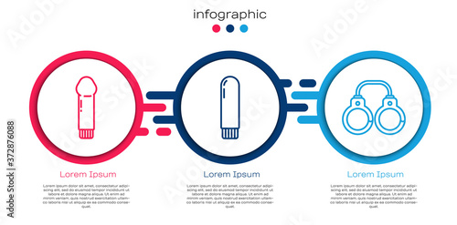 Set line Dildo vibrator, Dildo vibrator and Sexy fluffy handcuffs. Business infographic template. Vector.