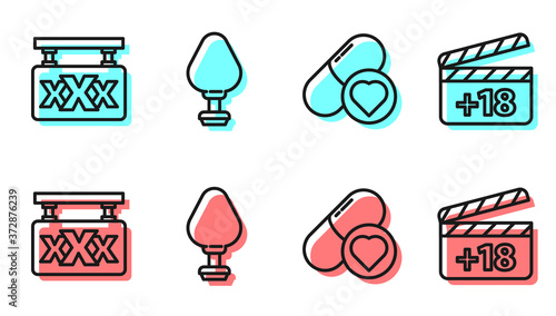 Set line Pills for potency, aphrodisiac, Sex shop, Anal plug and Movie clapper with 18 plus content icon. Vector.