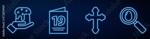 Set line Christian cross, Human hand and easter cake, Greeting card with Happy Easter and Search and easter egg. Glowing neon icon on brick wall. Vector.
