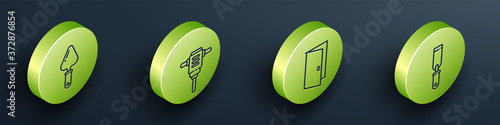 Set Isometric Trowel, Electric rotary hammer drill, Closed door and Rasp metal file icon. Vector.