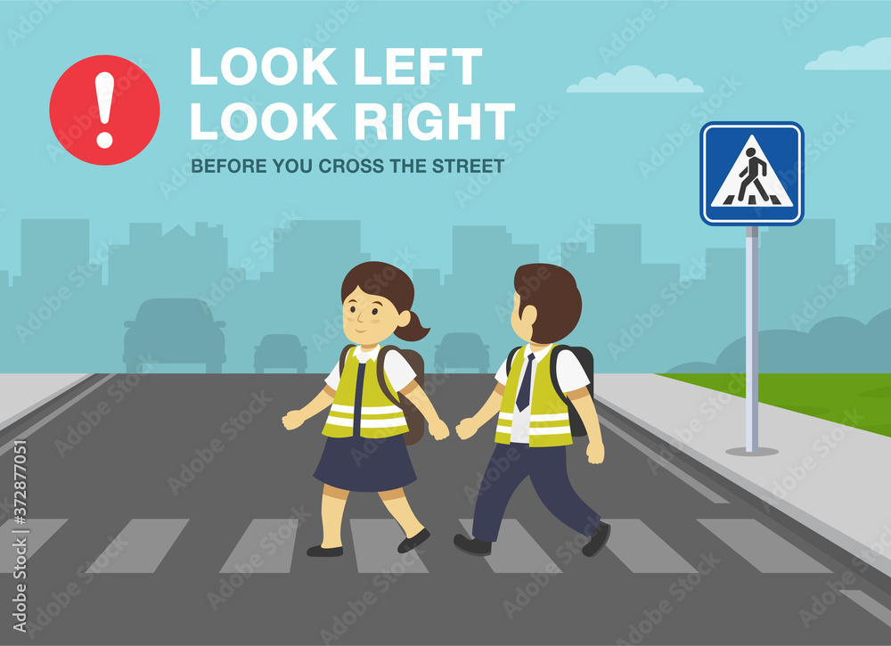 School children crossing road on crosswalk. Zebra crossing. Look right,  look left safety rule. Flat vector illustration template. Stock Vector