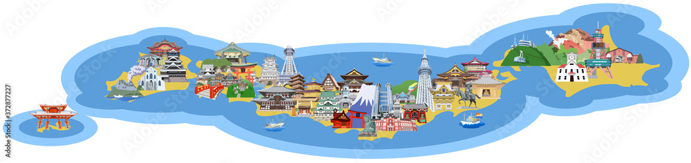 Fototapeta 日本列島観光地イラストマップ