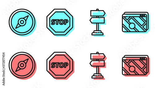 Set line Road traffic sign, Compass, Stop sign and Infographic of city map navigation icon. Vector.