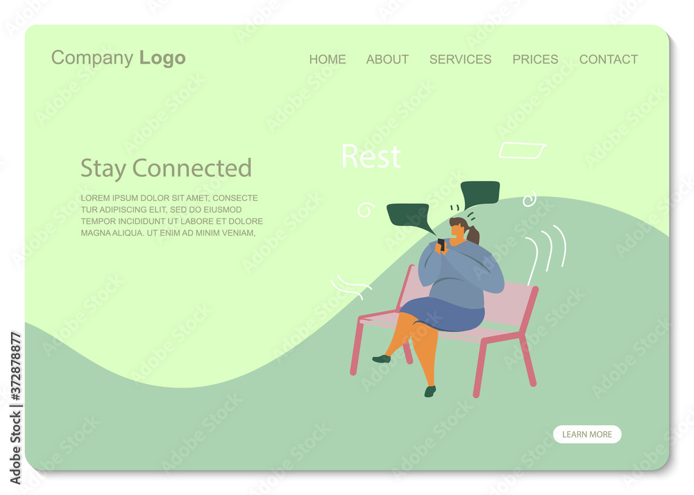 White Woman Stay Connected sit Park. Social Network Landing Page Template. Young Man Flat Characters Chatting Using Smartphone Website Web Page. Virtual Communication Concept Flat Flat illustration
