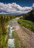 Drone photo of Bialka River with view to the Tatra Mountains- spring season with pretty colours