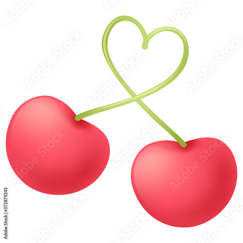Two red cherries and a heart shaped stem. Clip art Vector illustration. Isolated on white background. This design for decoration, sticker and pattern.