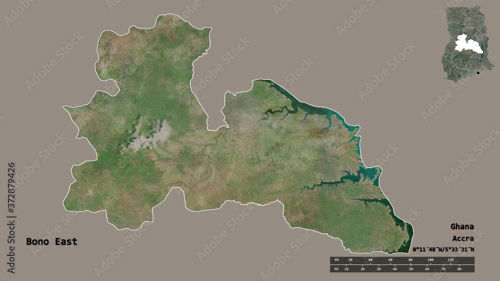 Bono East, region of Ghana, zoomed. Satellite