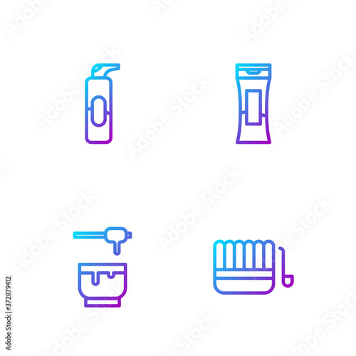 Set line Sauna bucket and ladle, Honey dipper stick bowl, Spray can for hairspray and Bottle of shampoo. Gradient color icons. Vector.