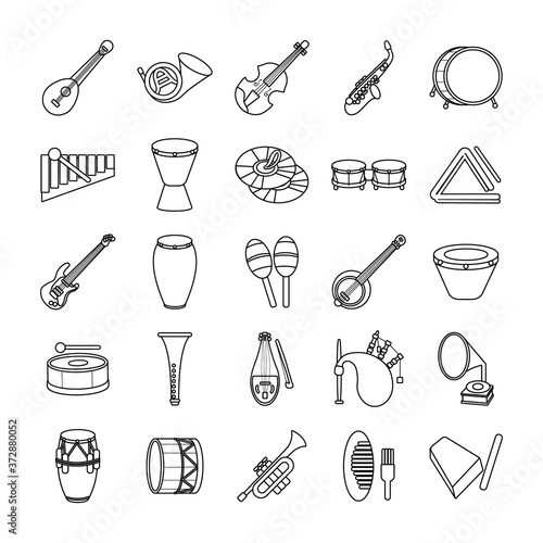 bundle of twenty five musical instruments set icons