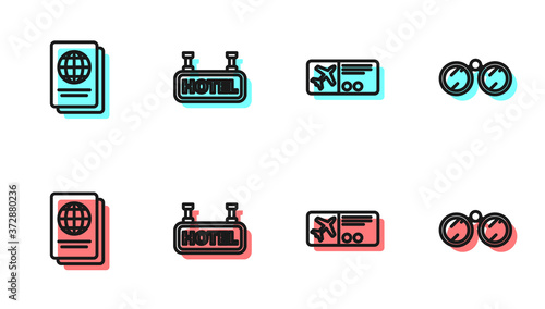 Set line Airline ticket, Passport, Signboard with text Hotel and Binoculars icon. Vector.