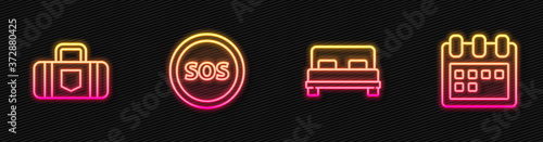 Set line Big bed, Suitcase, Location with SOS and Calendar. Glowing neon icon. Vector.