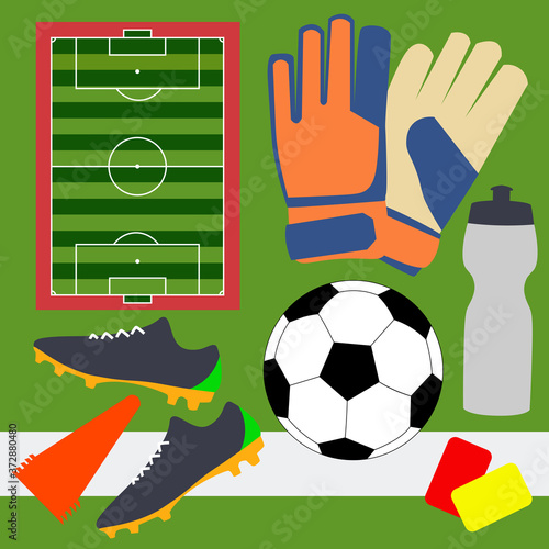 soccer ball on green grass with stadium set football equipment concept field vector illustration goalkeeper gloves red card yellow card  Cleats